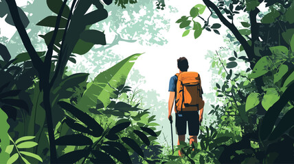 The painting is a stylized illustration, possibly a digital painting, of a lone figure with an orange backpack and trekking poles, standing at the edge of a dense, verdant jungle.