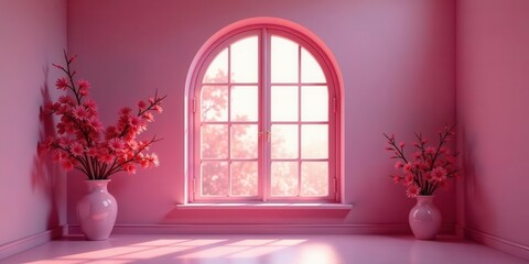 Pink room with arched window and pink flowers in vases