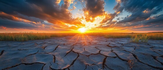 Cracked earth field stretches beneath a fiery sunset and dramatic sky