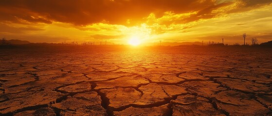 Cracked earth stretches towards a blinding sunset in a desolate landscape