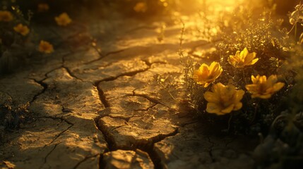 Yellow flowers amidst the cracked earth landscape are illuminated by sunlight