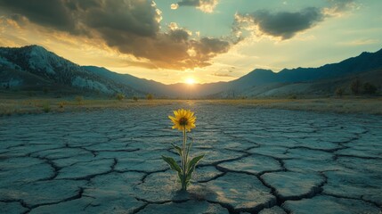 Single sunflower blooms in cracked earth against a mountain backdrop