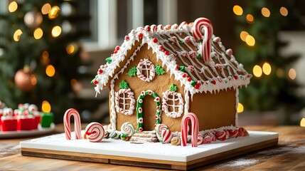 Festively Decorated Gingerbread House with Colorful Candy Canes