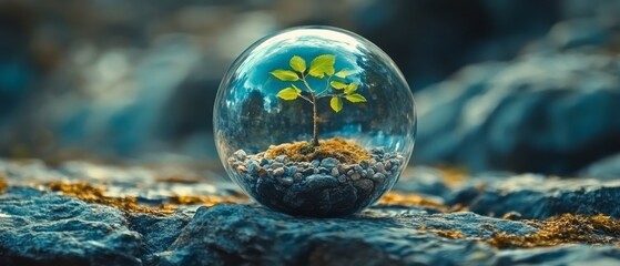 Small tree growing inside a glass sphere on rocky ground