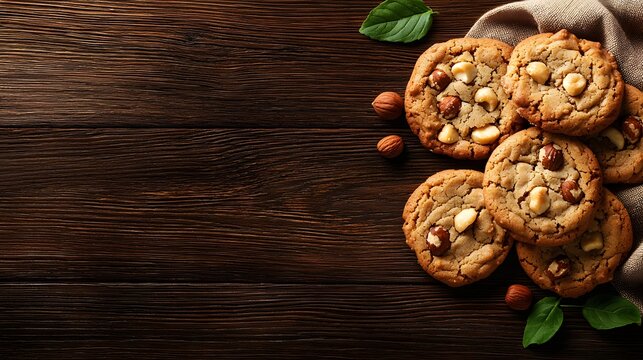 Freshly baked homemade cookies packed with a variety of toasted nuts and semisweet chocolate chips served on a rustic wooden table with fresh green leaves