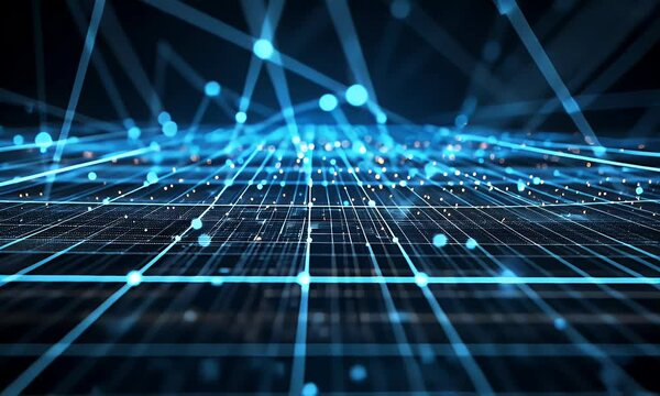 A digital grid of blue binary code extending into the distance, representing data flow and storage in an abstract style. The background is dark with light lines leading to infinity.