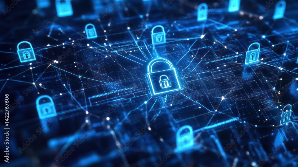 Poster cybersecurity mesh network abstract background with glowing padlocks and connecting lines