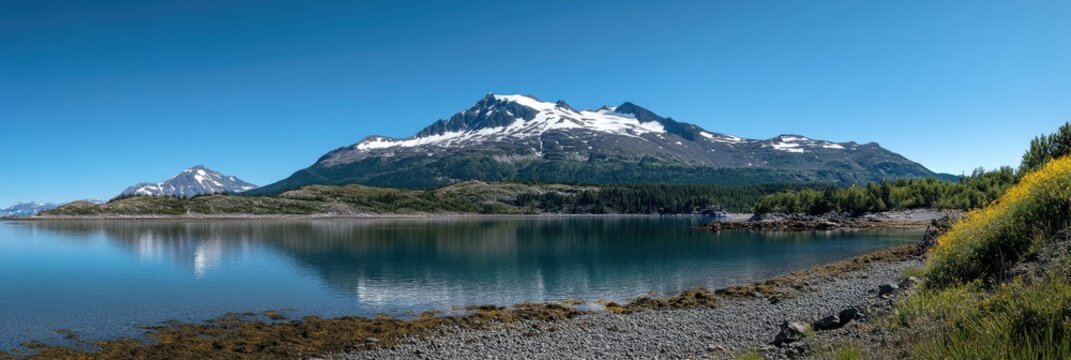 Panoramic view of a serene lake reflecting snow-capped mountains under a clear blue sky.