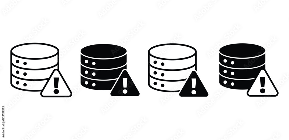 Poster database alert system warning icon set black and white design vector illustration