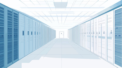 The image presents a long, perspective view down a data center corridor.  Rows of uniform server racks line both sides, their surfaces a gradient of cool blues and whites, suggesting a clean,