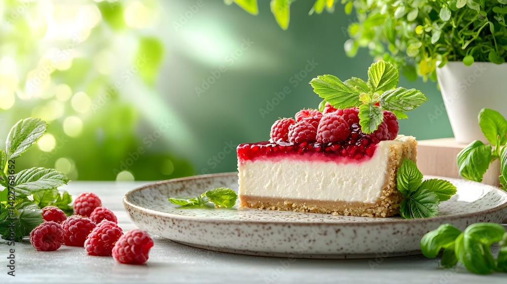 Poster a delectable slice of fresh raspberry cream cake served on a simple rustic plate and surrounded by v