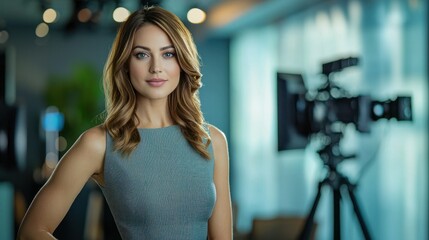 Female TV host in a sleek, fitted cocktail dress.