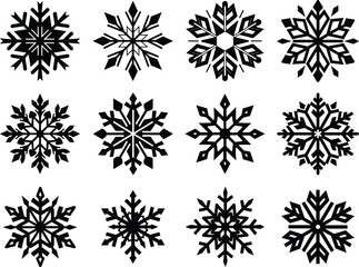 12 Snow Icons collection set. Snowflakes Vector Icons. Winter Icons set featuring decorative frost symbols for seasonal design Projects, Holiday Crafts, Events, Artwork