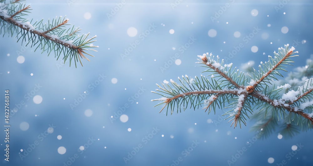 Poster a winter scene with falling snow showcases frosted evergreen branches against a blurred, blue backdr