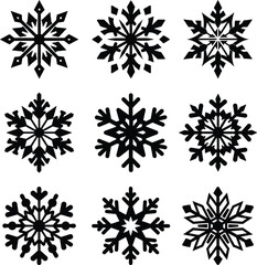 Set of 9 snowflakes icon silhouette on white background. Silhouette flat snow icons. Black element for Christmas banner, cards. New year ornament. Vector illustration.