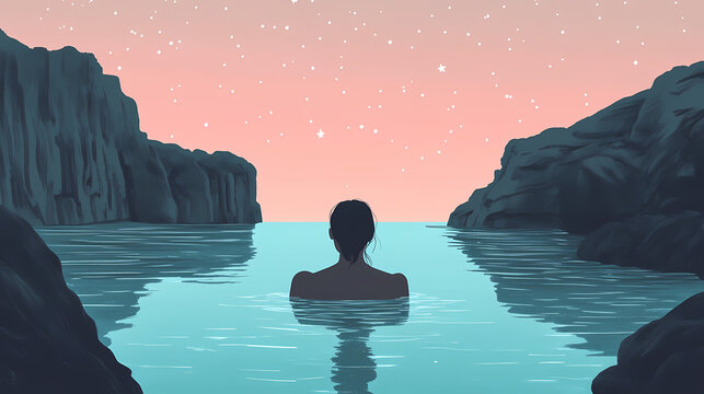 Woman gazing up at stars in tidal pool tranquil natural setting serene water dreamy atmosphere. Tidal Mind. Illustration