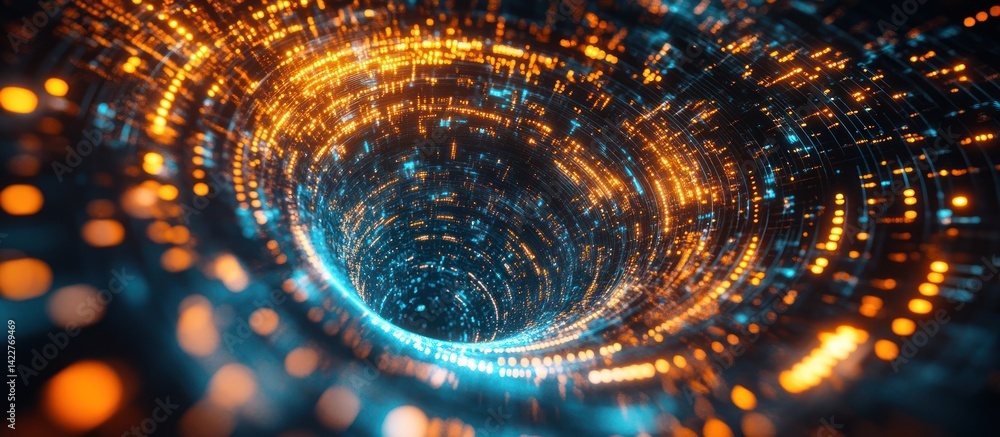 Poster abstract data stream tunnel with blue and orange illumination effects