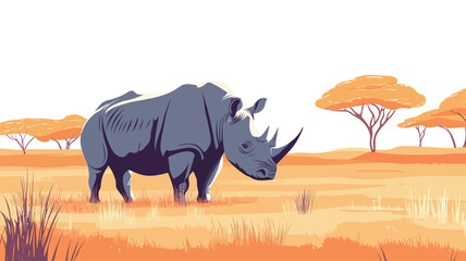A stylized vector illustration of a lone rhino standing in the golden African savannah. The rhino is rendered in soft blue-grey colors in a flat, minimalist design.