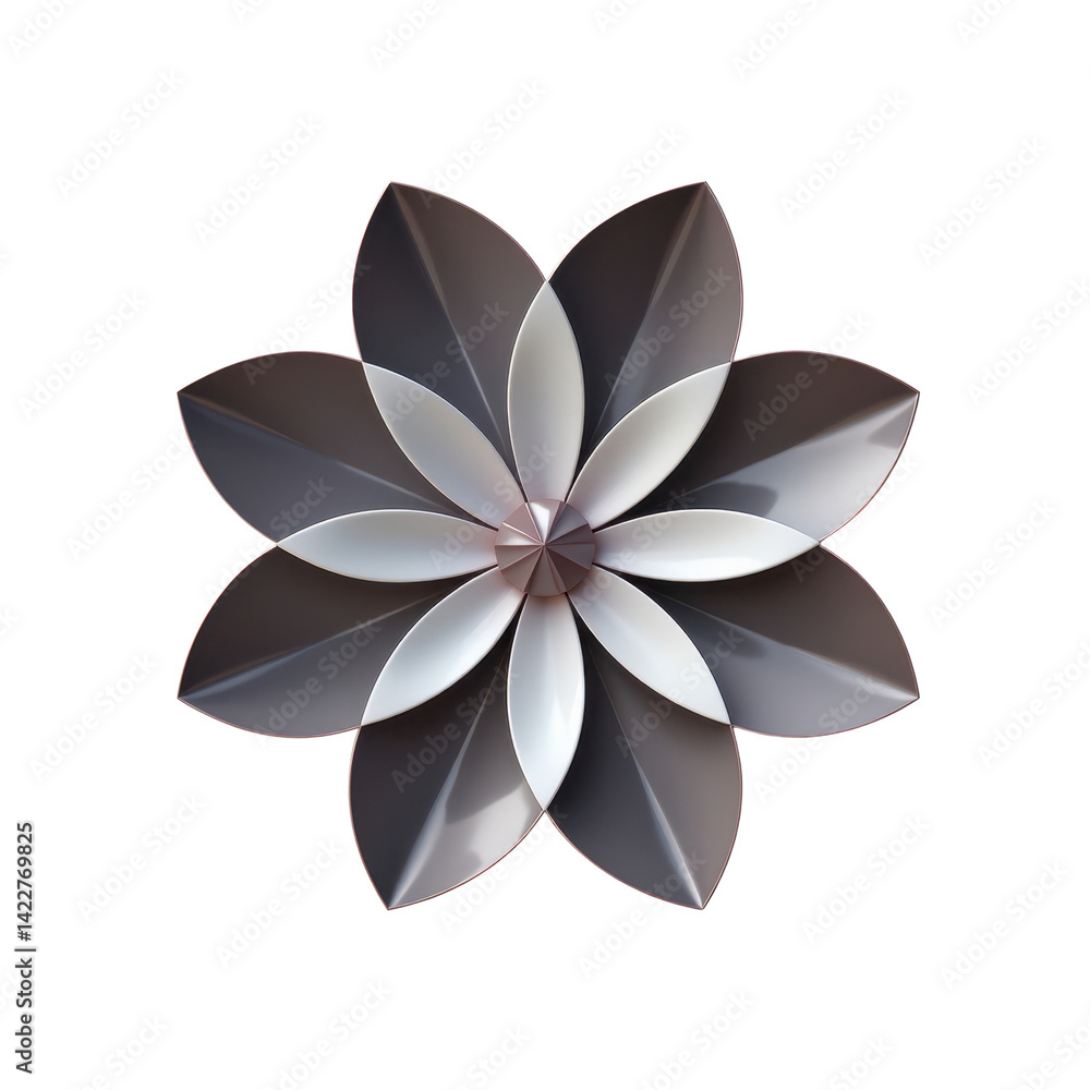 Poster a symmetrical flower design with overlapping petals in shades of gray and white, creating an elegant