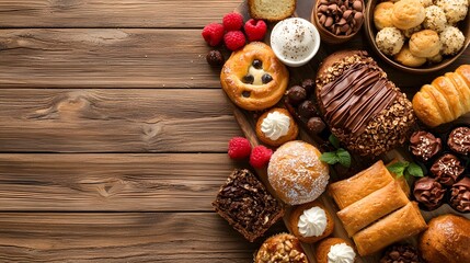 Tempting display of a variety of homemade and artisanal baked goods including pastries cakes cookies and other sweet treats on a rustic wooden table