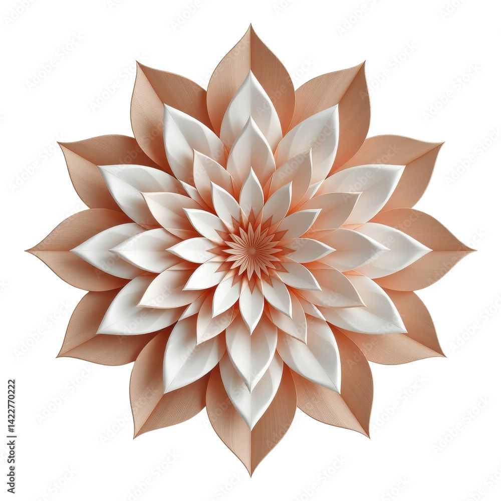 Poster a symmetrical paper flower design with layered petals in shades of peach and white, creating an intr