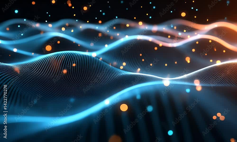 Poster abstract blue wave line background with glowing dots and bokeh lights on a black background, an ai t