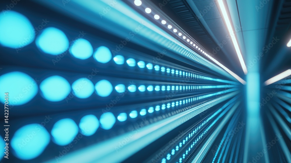 Poster abstract close-up of glowing blue led lights in a futuristic server room. perfect for cybersecurity,