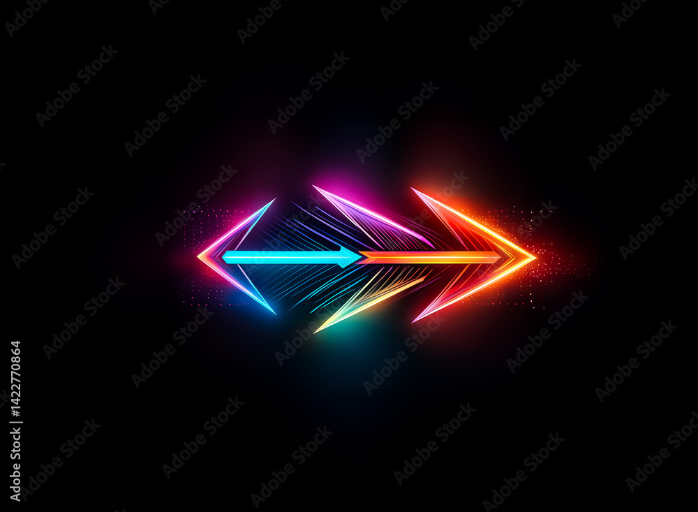 Poster glowing, symmetrical design of dual-directional arrows in vivid colors. neon elements set against a 