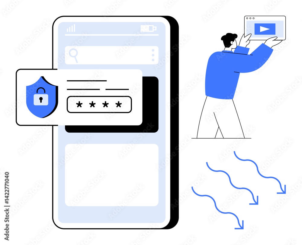 Poster digital login form with password field and security icon, person holding video interface. ideal for 