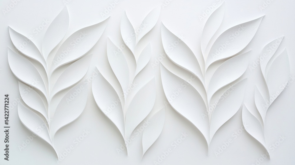 Poster a minimalist design featuring layered white leaves on a light background, creating an elegant and te
