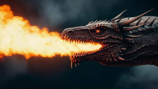 The flying dragon breathes out fire from its mouth against dark clouds  