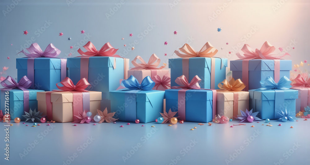Poster here's the description and keywords: colorful presents wrapped with ribbons, arranged in a festive d
