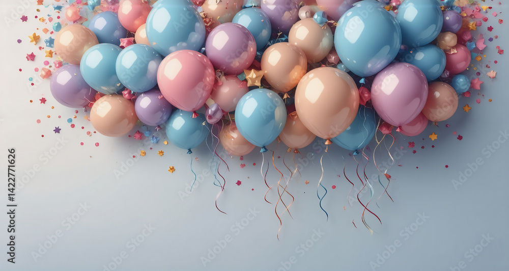 Poster Vibrant pastel balloons float amidst confetti on a light background, creating a celebratory and festive atmosphere. Hints of sparkle and streamers add to the joyous vibe.