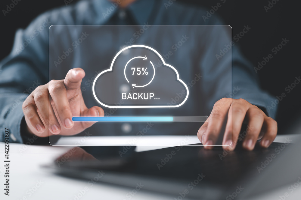 Poster Backup concept, Businessman hand touching backup icon on virtual screen. Online digital data storage and connection service.