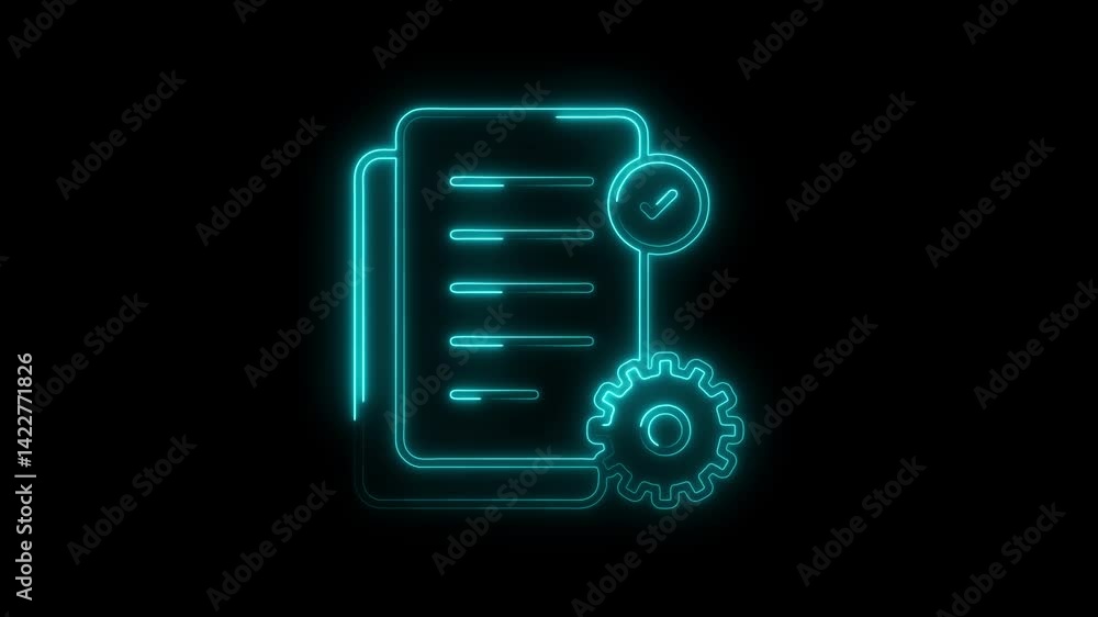 Poster glowing neon automation process with document checkmark and gear on black background
