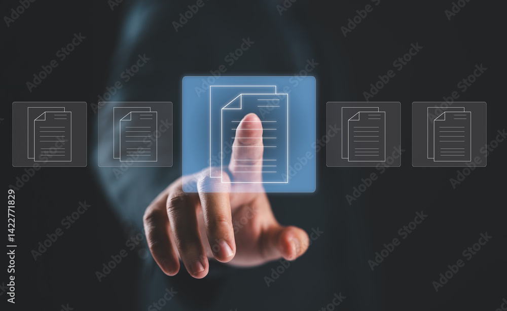 Poster Document management concept, Businessman hands holding document management icon on virtual screen, Document Management System and process automation to efficiently document paperless operate.