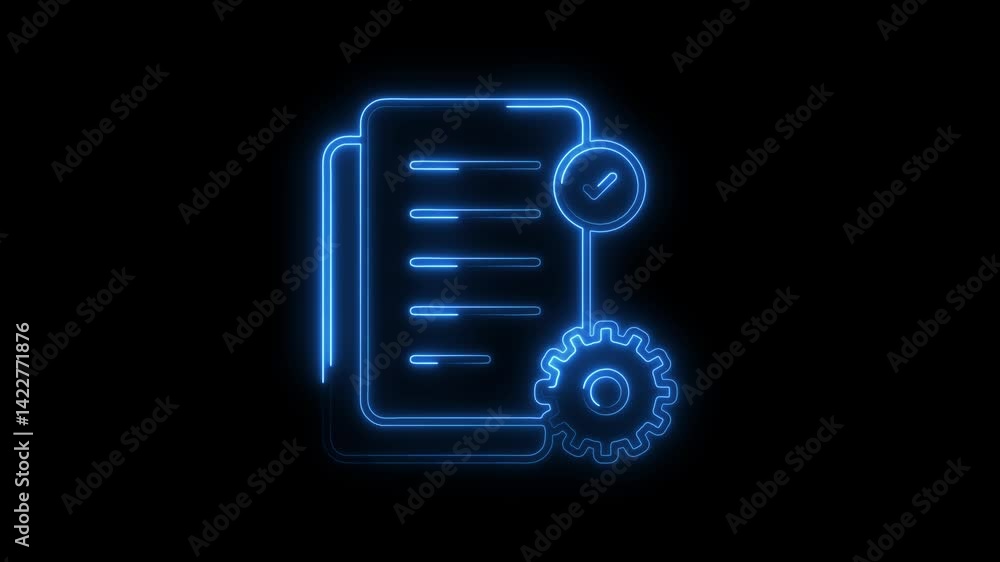 Aufkleber neon style document with checkmark and gear process automation