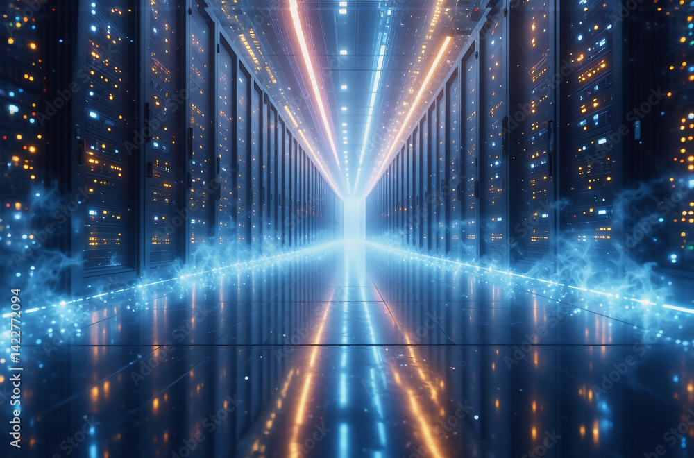 Aufkleber an illuminated corridor with servers, data storage units, and bright light streaks in the center. bl
