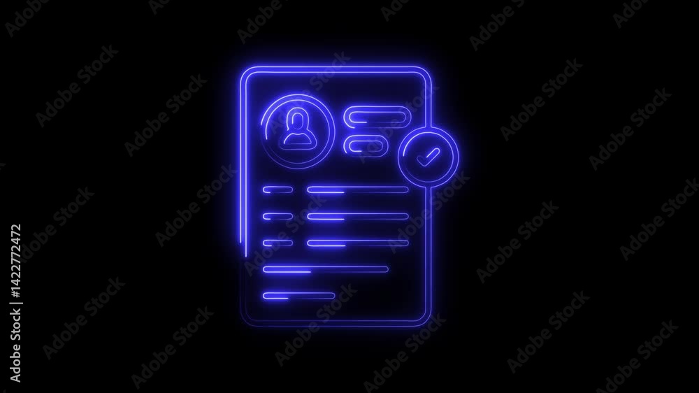 Poster neon profile application form with checkmark animation on black background for job selection or acco
