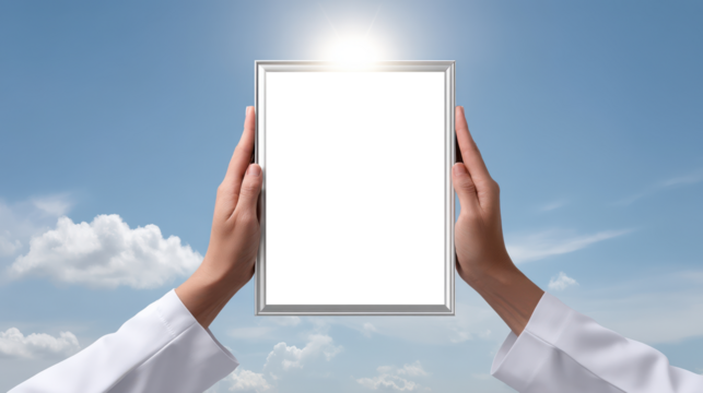 A closeup of two hands lifting a framed diploma or certificate symbolizing a graduation or other academic achievement with a bright clear sky and wispy clouds in the background