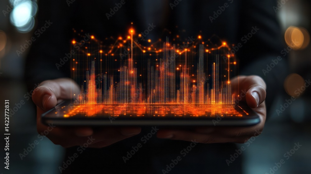 Poster man holds tablet displaying glowing data chart illustration