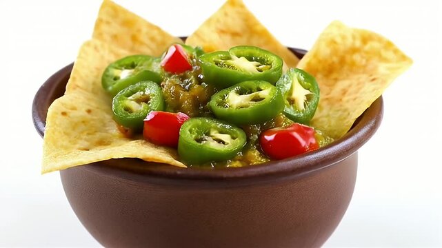 Zesty Green Salsa Garnished with Sliced Jalape?os and Red Peppers in Brown Bowl with Tortilla Chips on White Background