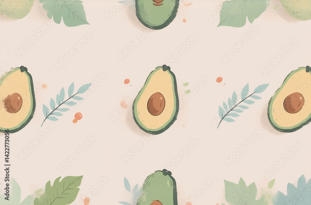 Poster a charming avocado avatar pattern featuring halved avocados and delicate foliage on a soft beige bac