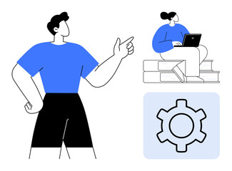 Two people collaborating one gesturing, another working on a laptop seated on books, accompanied by a cogwheel. Ideal for education, teamwork, innovation, strategy, technology, collaboration simple