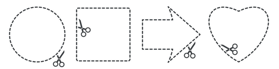 Circle, square, arrow, heart. Scissors cut shape. Flat vector illustration isolated on white