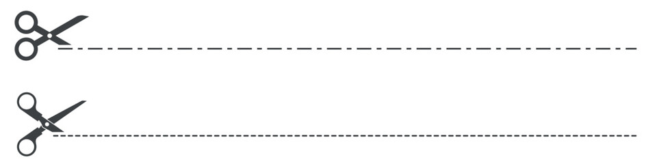 Scissors with cut line icon set. Dash cutting line with scissors. Flat vector illustration isolated on white background.