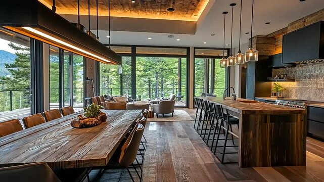 Panoramic Living: Modern Cabin Interior with Expansive Forest Views and Rustic Details