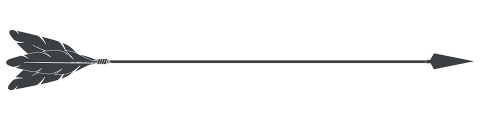 Hunting arrow. Long arrow with fletching and tip. Black silhouette. Flat vector illustration isolated on white background.