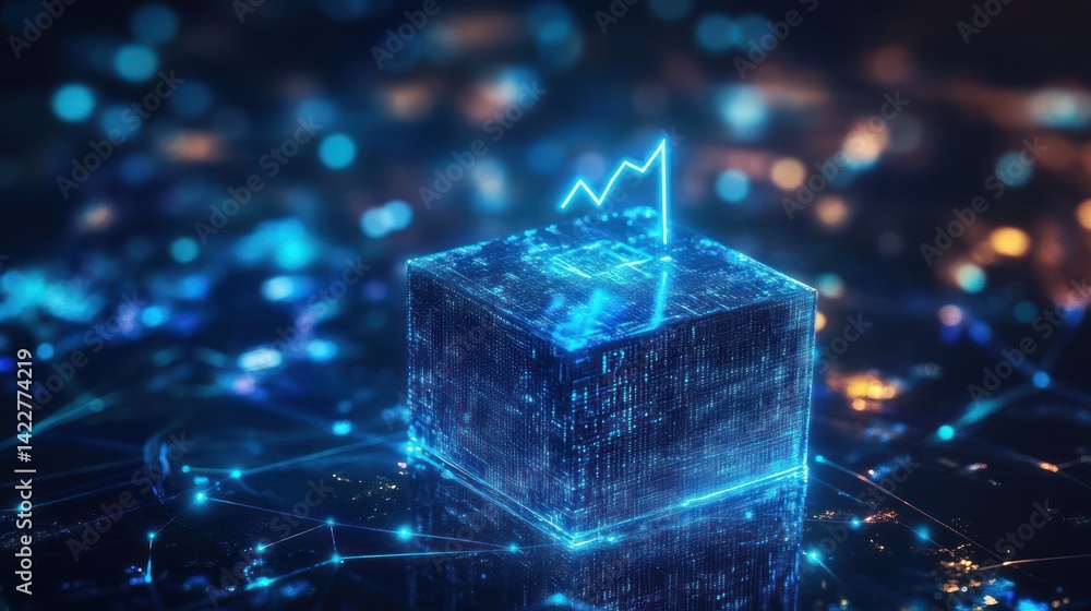 Poster digital cube with chart on top symbolising business intelligence and technology