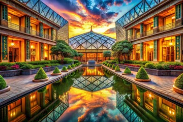 Obraz premium Luxurious Courtyard Reflection at Sunset